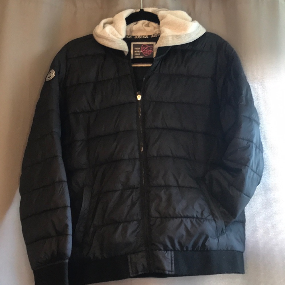 Justice Hooded Puffer Jacket sz 20-Black/gray hood